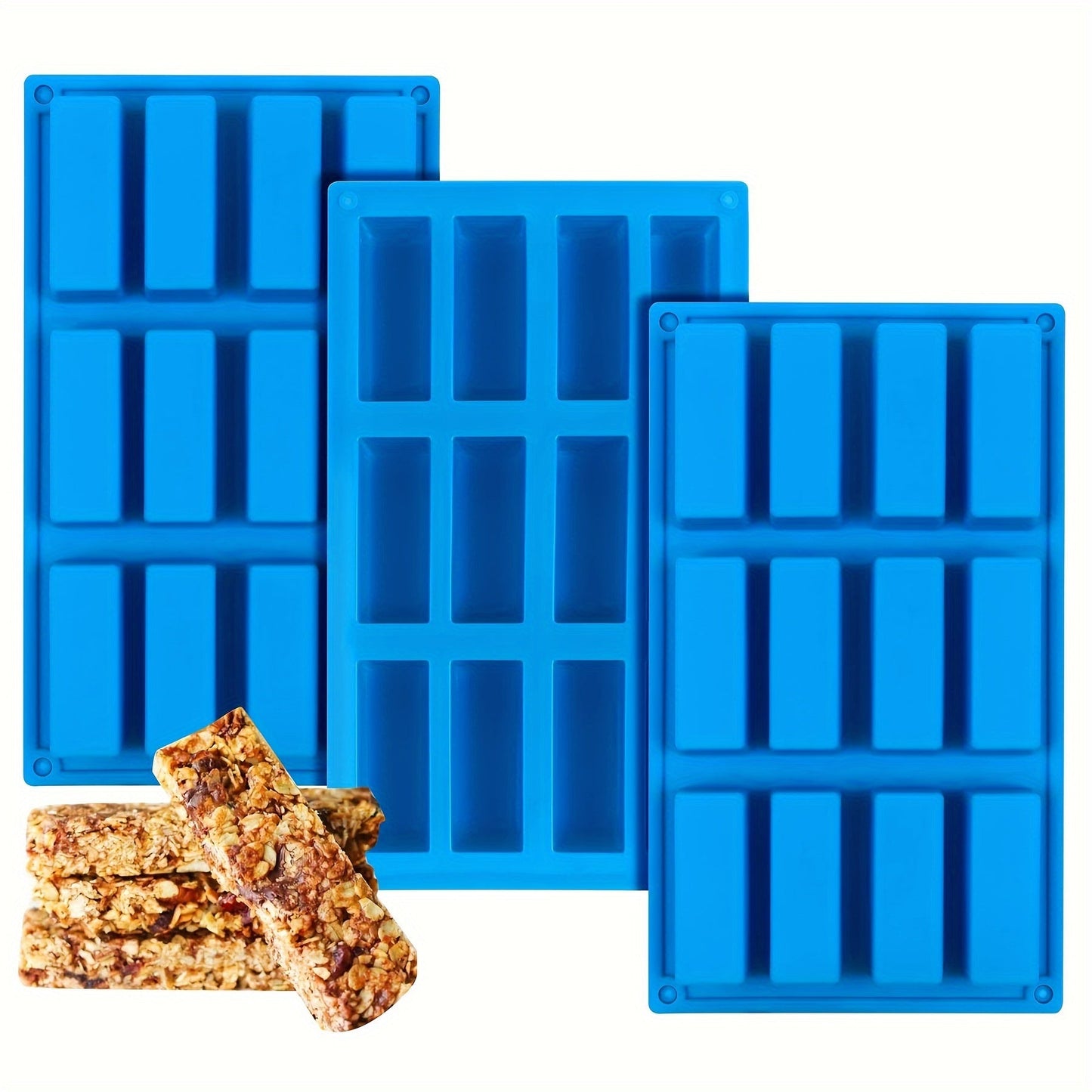 Three sets of 12-cavity large rectangle molds made of silicone for creating nutrition cereal bars, energy bars, and other treats like chocolate truffles, ganache, bread, brownies, cornbread, cheesecake, pudding, and butter. Perfect for baking supplies