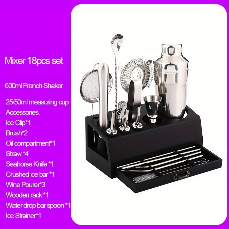 Essential Barware Tools Set - 18-Piece Stainless Steel Cocktail Shaker Set with Jigger, Pourer, Corkscrew, Muddler, Brush, Teardrop Bar Spoon, Garnish Tray, Straws - Complete Bartender Kit for Home, Bar, and Party Drink Mixing