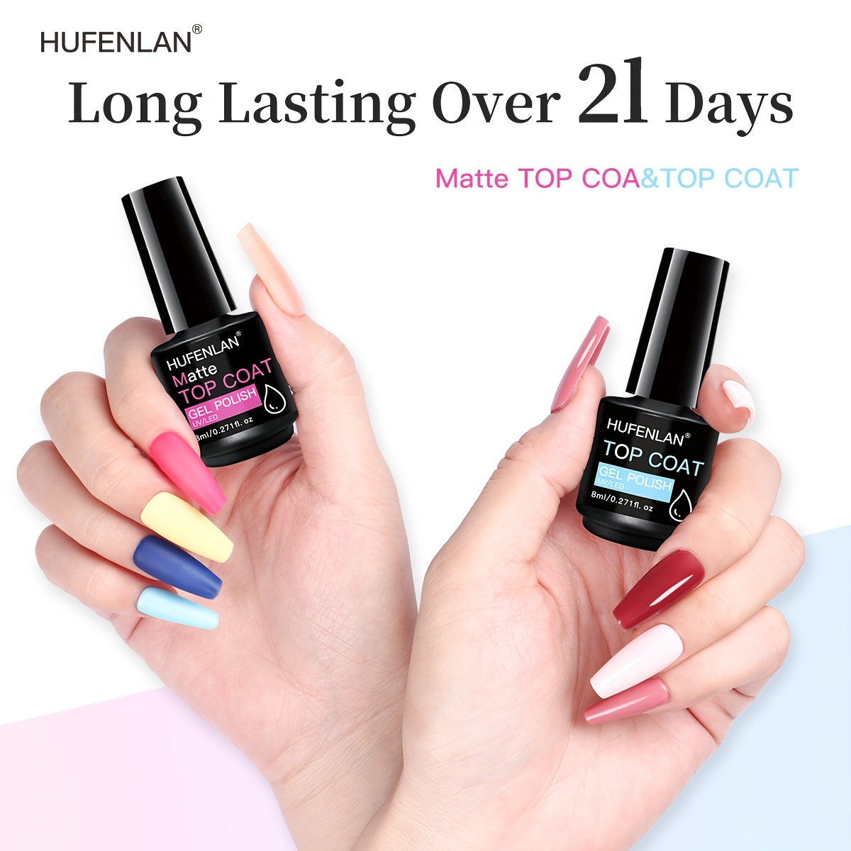 Long-lasting gel nail polish set with 2pcs top coat and base coat for a shiny, odorless finish. Perfect gift for women.