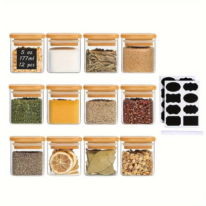 The bundle includes 12 glass spice jars with bamboo lids and labels, square containers perfect for storing seasonings. These jars come with secure lids and are made of lead-free glass, making them essential kitchen tools and accessories for keeping your