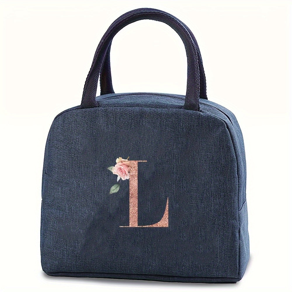 Insulated lunch bag with monogram, featuring a rose gold design. Made of waterproof, leakproof, BPA-free polyester material. Includes a square thermal food storage compartment with an ice compartment. Easily washable by hand. Perfect for school, office