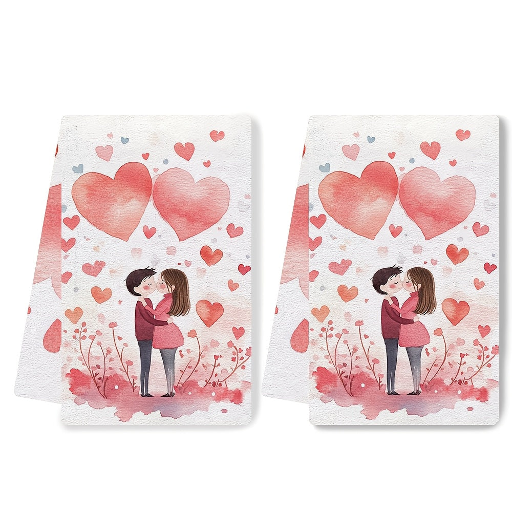 Set of 2 Ultra Soft Valentine's Day Kitchen Towels featuring Romantic Embrace Design, with High Absorbency and Machine Washable Material. Measures 40.64x60.96 cm, Ideal for Holiday Decoration and Kitchen Use