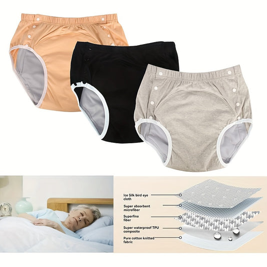 2 reusable cotton adult diapers with snap closure for seniors, available in multiple sizes.