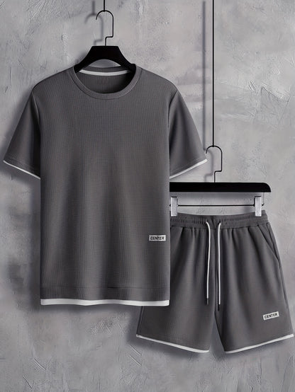 Two trendy outfits for men: casual crew neck short sleeve t-shirt and shorts set for summer, perfect for vacations and workouts.