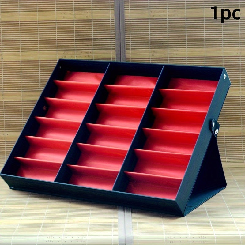 Upgraded 18-slot glasses organizer with clear lid, fabric lining, and snap close. Ideal for displaying glasses in stores.