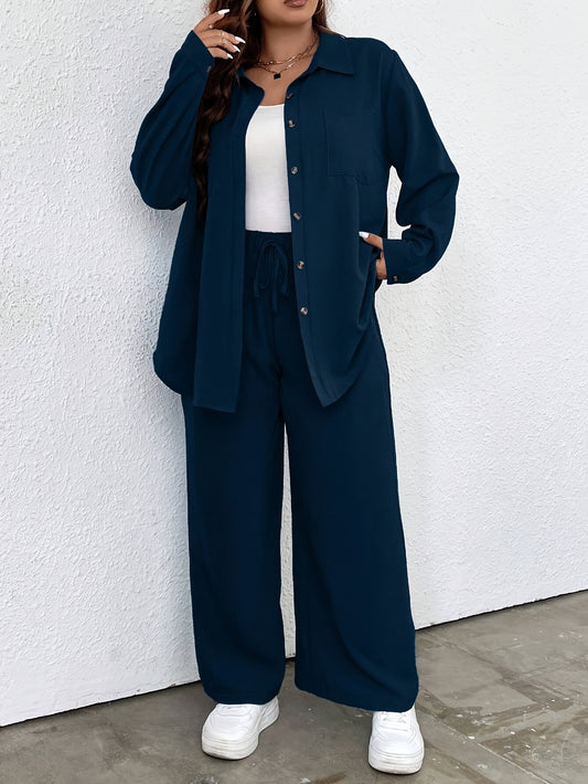 Plus Size Solid Color Pants Set with Shirt and Tie Waist Pants, Women's Casual Outfit