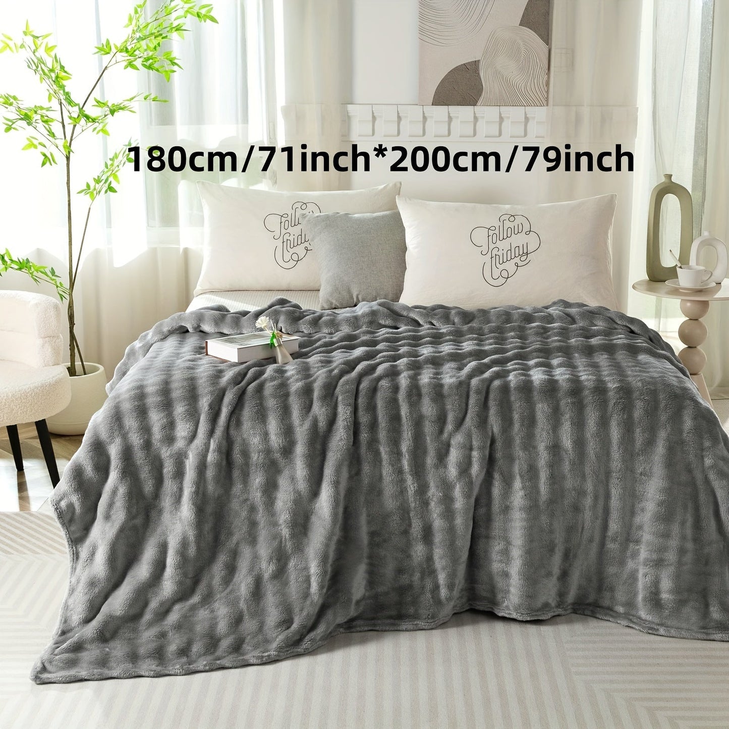 Modern Hypoallergenic Polyester Bed Blanket - Luxuriously Soft Faux Rabbit Fur Plush Throw for Bedroom, Sofa, Office, and Travel - Suitable for All Seasons - Easy to Clean Machine Washable Blanket with Simple Design - Lightweight Cover for Any Purpose