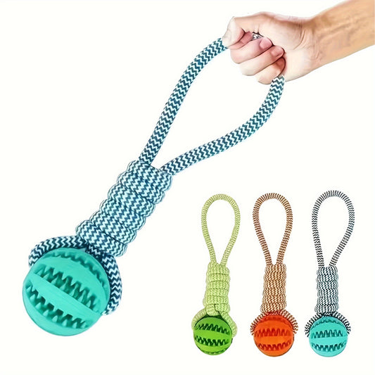 Durable dog toy with braided rope knot and handle for chew training, tug of war, and fetch