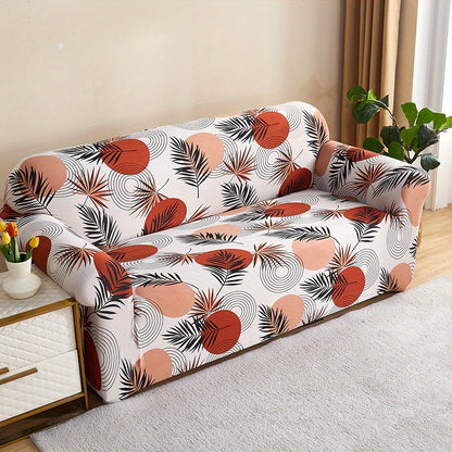 Modern printed sofa slipcover with elastic closure, made of 95% polyester and 5% spandex. Machine washable with active printing and stitched craftsmanship. Fits armchairs to sectional sofas, weighing 100-120gsm fabric.