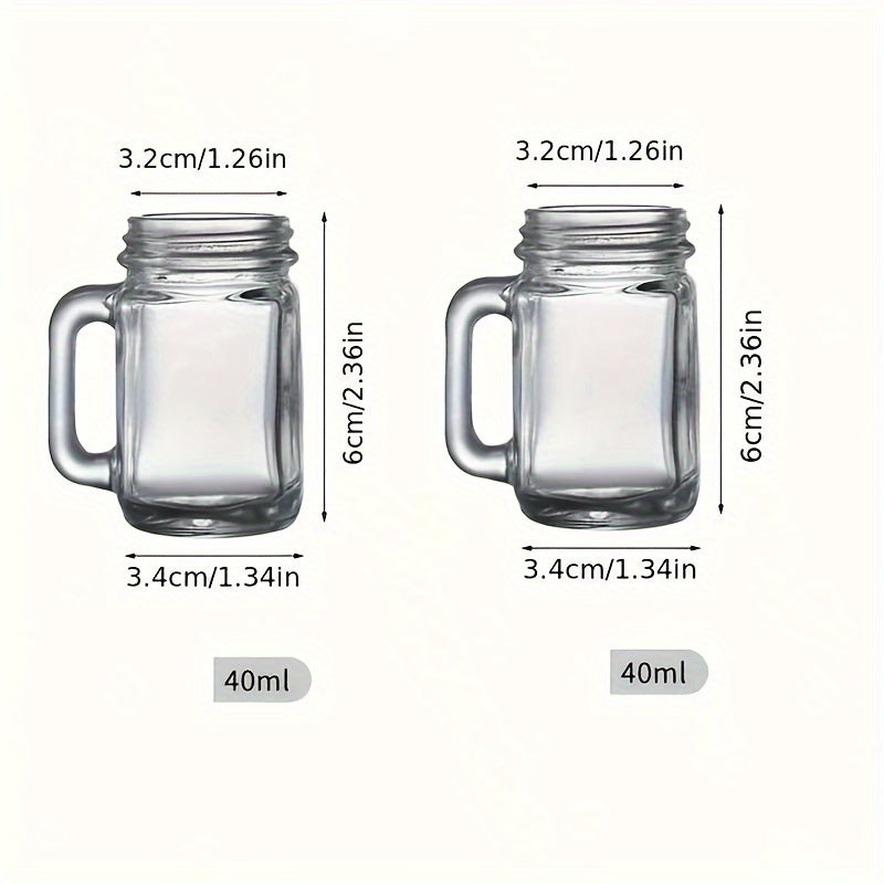 Set of 6 mini mason jar shot glasses with handles, made of clear glass and holding 40ml. Perfect for serving coffee or milk, with caps for portability. Great for parties and home use.