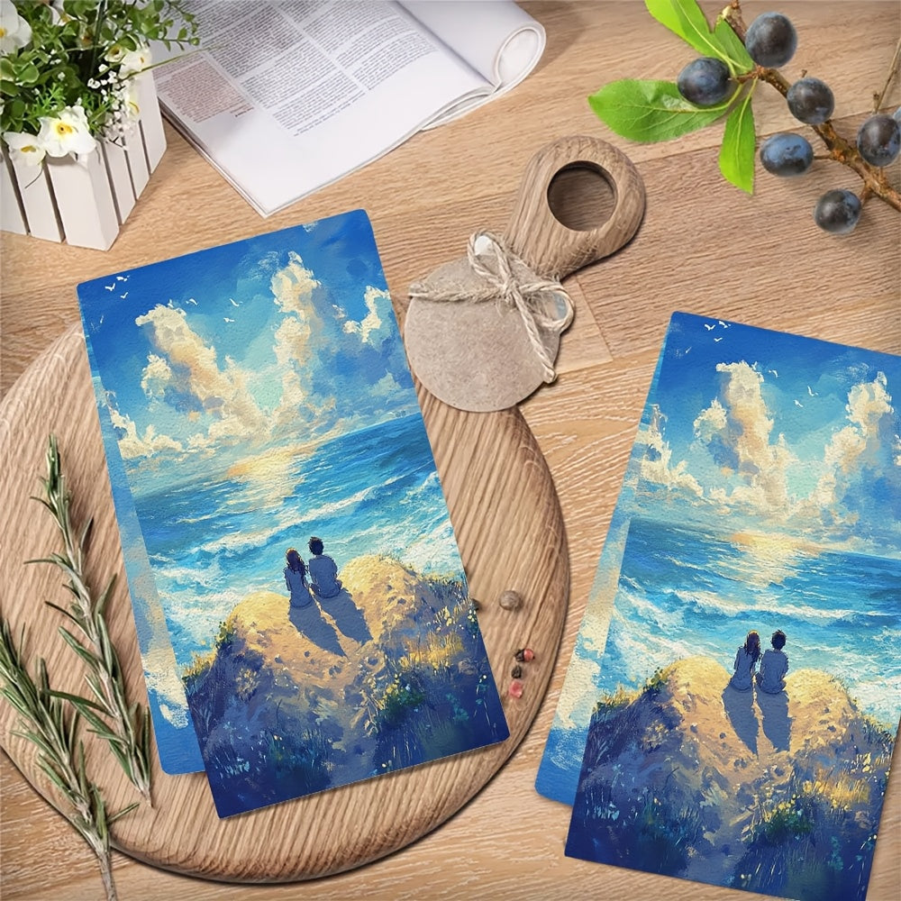 This set includes 2 ultra-soft kitchen towels with an anime couple seated on a heart-shaped sand dune, gazing at the waves. These dish towels are highly absorbent, perfect for holiday decoration, machine washable, and measure 40.64X60.96 cm.