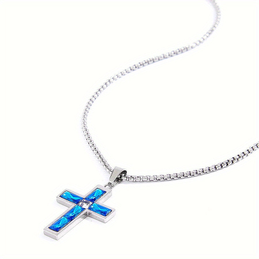 Stylish Blue Love Cross Necklace Suitable for Both Men and Women, Featuring a Glass Pendant. Ideal Gift for Romantic Partners, Friends, and Family Members