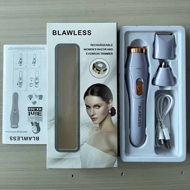 3-in-1 electric hair removal kit for women with USB rechargeable underarm razor, facial trimmer, nose hair trimmer, and full body epilator. Built-in Li-Ion battery with 600mAh.