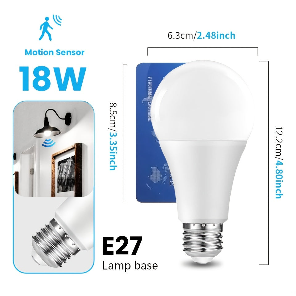 Two 18W LED Motion Sensor Ceiling Light Bulbs with E27 Base, Infrared Sensor, Hardwired, Polycarbonate Shade, 175-265V, No Battery Needed.