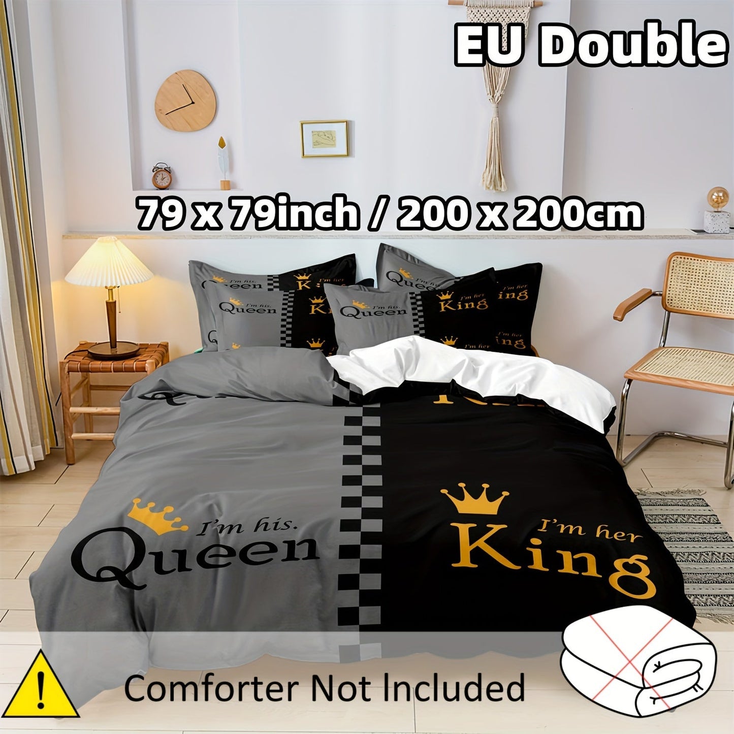 Get the stylish and comfortable 2/3pcs Black and Gray Crown Design Duvet Cover Set. Made of soft, breathable fabric, this set is perfect for both men and women. Choose from Twin, Full, Queen, or King sizes. The set includes 1 Duvet Cover and 1 or 2