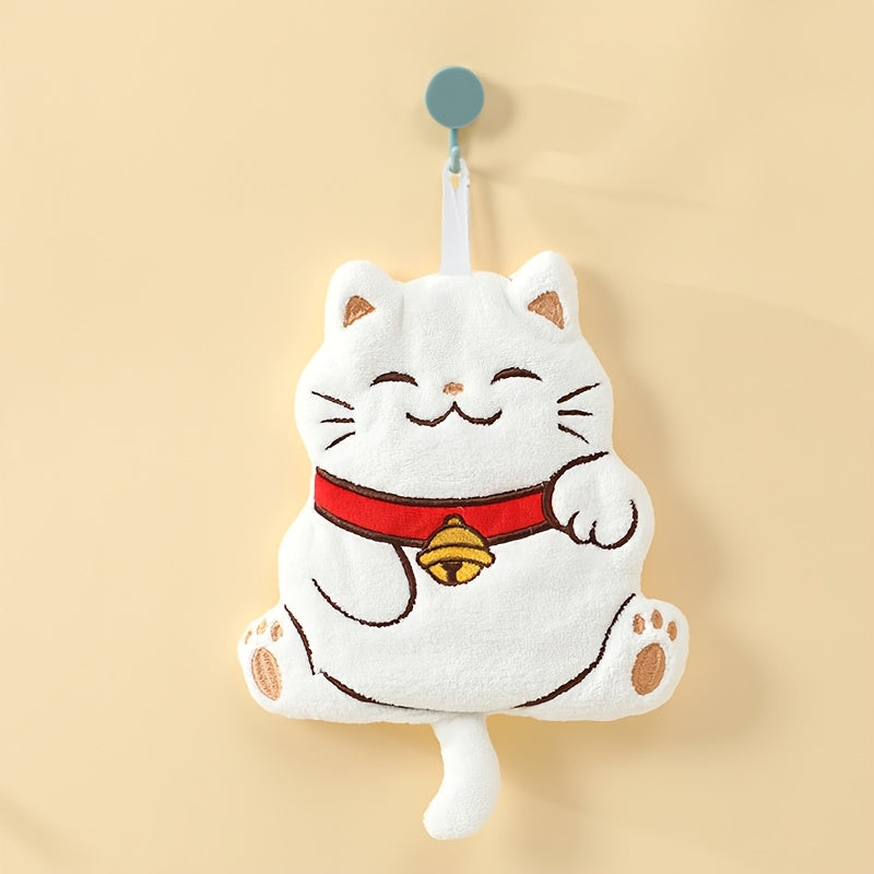 Cute Fortune Cat fingertip towel made of plush coral velvet, ideal for daily use in kitchen or bathroom, with hanging design.