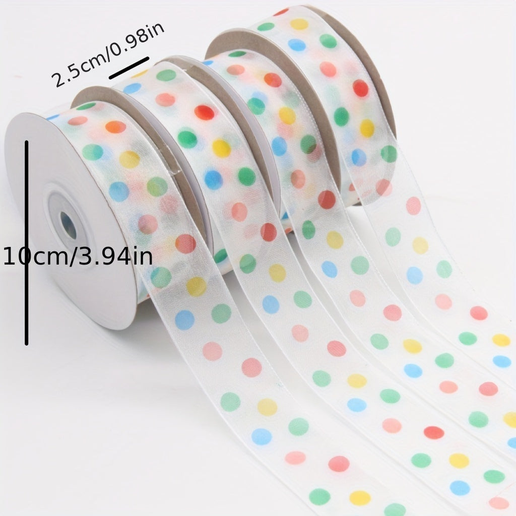 Bright polka dot satin ribbon for gifts and baking - perfect for holidays, birthdays, and any occasion.