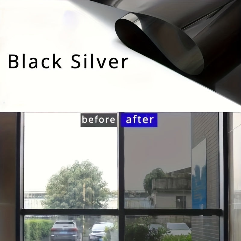 Premium mirror window film that provides privacy and blocks heat and UV rays, with one-way coloring during the day. Easy to apply stickers ideal for home and office use, made of