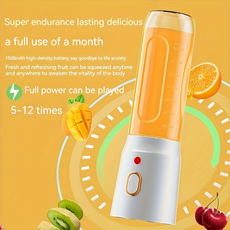 Portable USB rechargeable fruit juicer with a capacity of 15.22oz. This mini blender comes with dual cups (1 for juicing and 1 for food), detachable design, easy push button control, and is made of food-grade PP material. It features 10 stainless steel