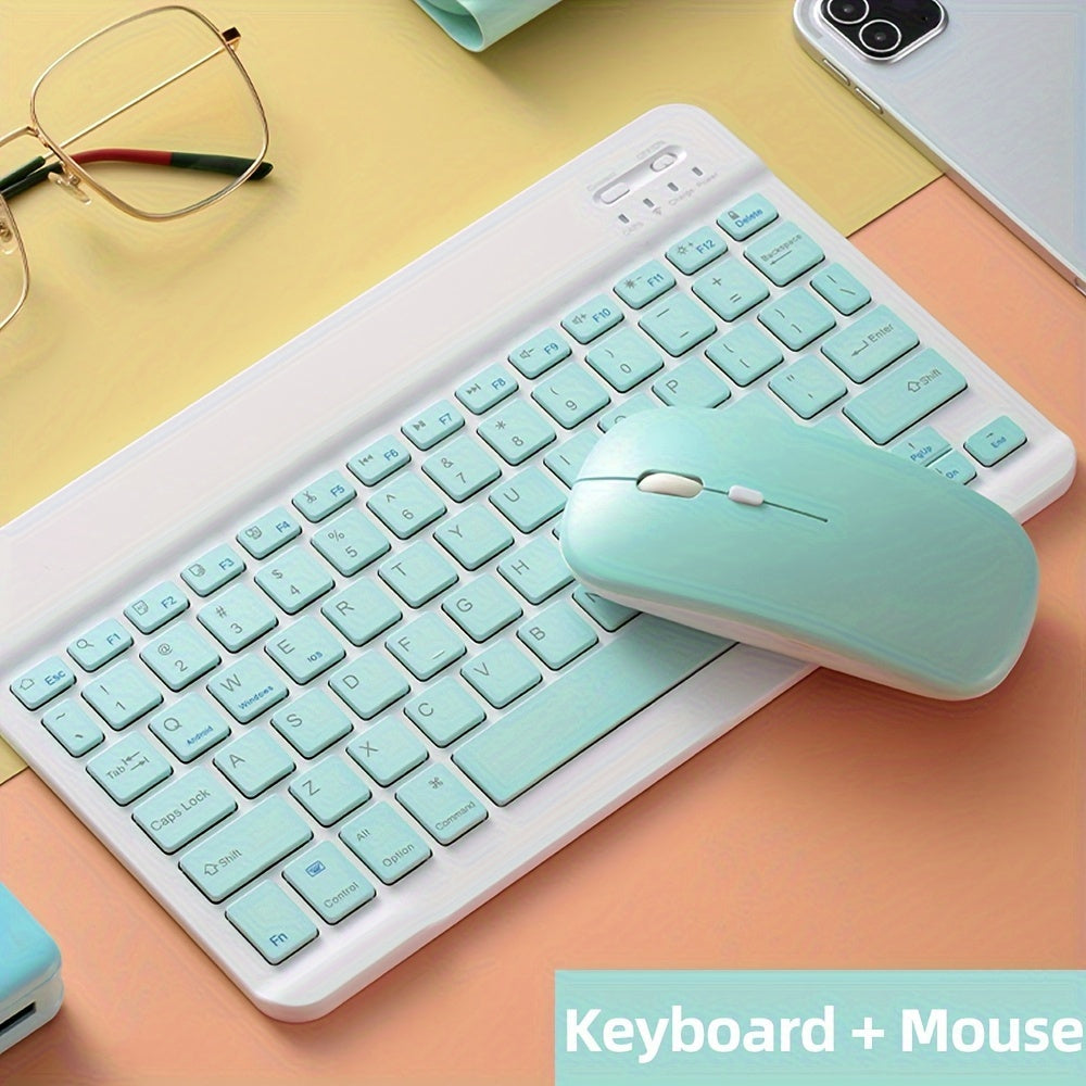 Slim wireless keyboard and mouse set for iPads, tablets, laptops, and office computers.