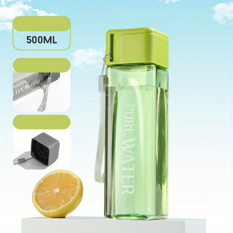 500ml leak-proof and heat-resistant square water bottle, durable plastic with carry strap, ideal for camping, hiking, and outdoor activities in white. Perfect camping accessory.