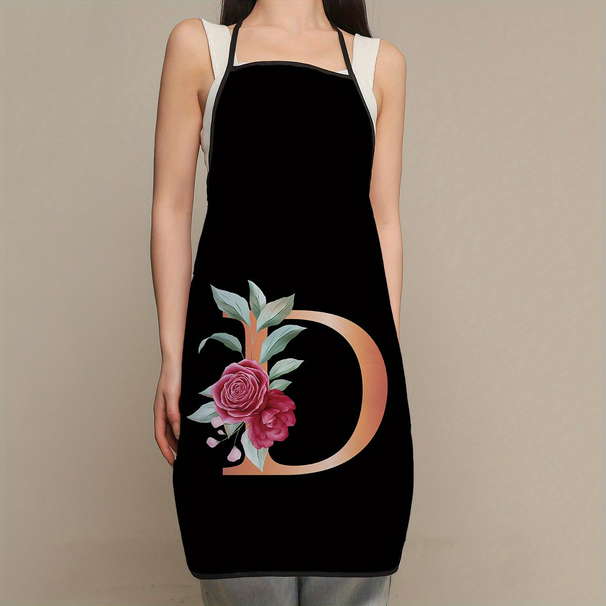 Women's flower and letter printed polyester apron - waterproof, thickened, and cute for household and kitchen use.