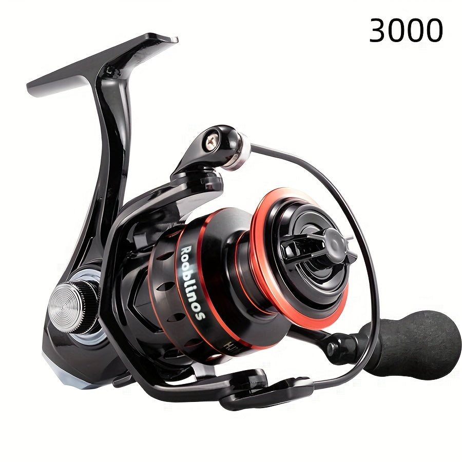 Rooblinos 17+1BBB spinning fishing reel features an ergonomic handle, durable nylon & metal construction, ambidextrous design, and is suitable for freshwater & saltwater fishing.