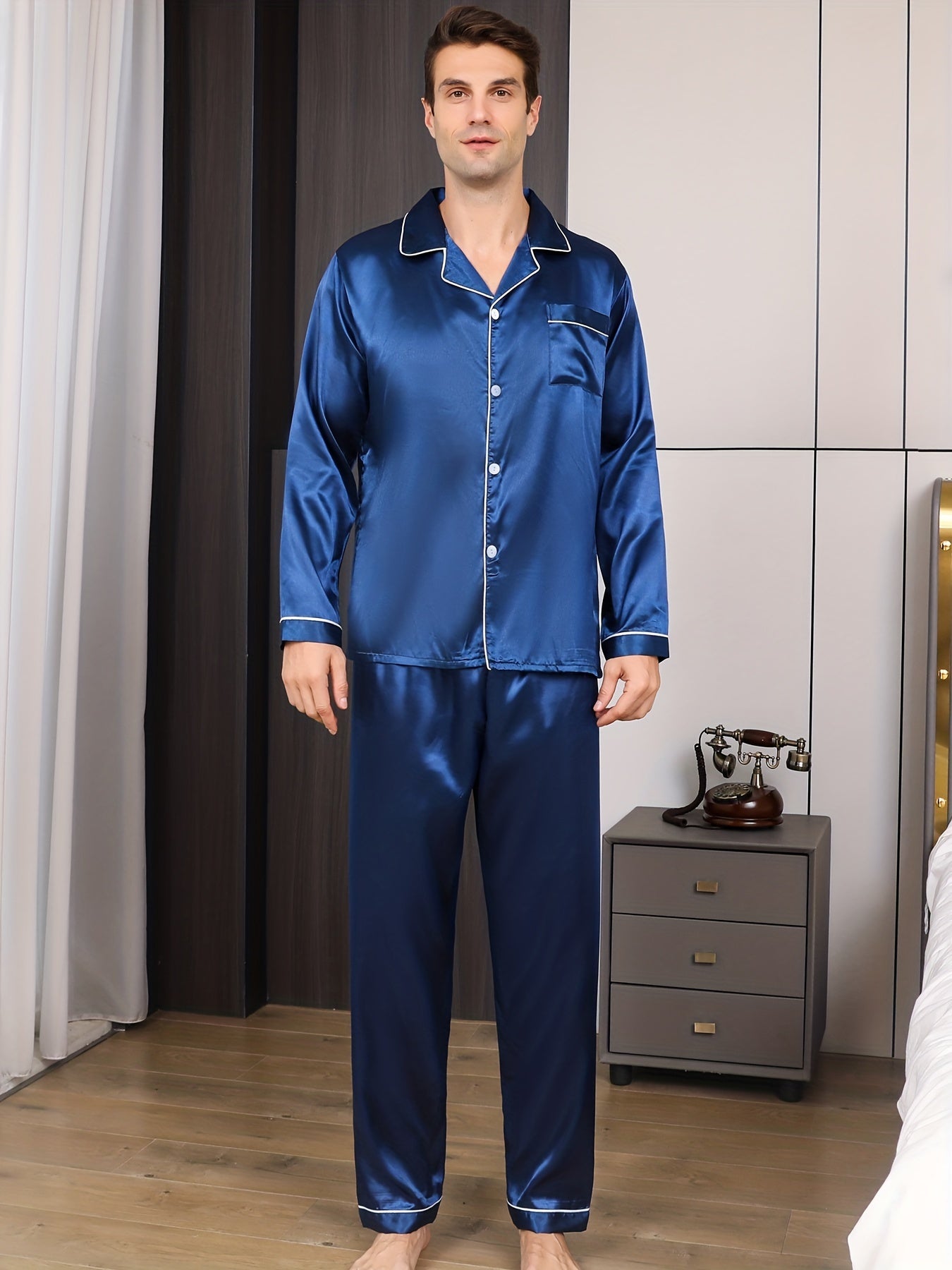 Men's two-piece silk pajamas for spring, summer, and autumn, versatile for indoor and outdoor wear.