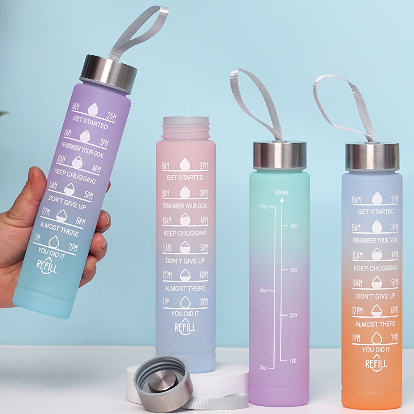 Set of 3 gradient sports water bottles in different sizes with straw, made of scratch-resistant frosted plastic, ideal for fitness and outdoor activities.