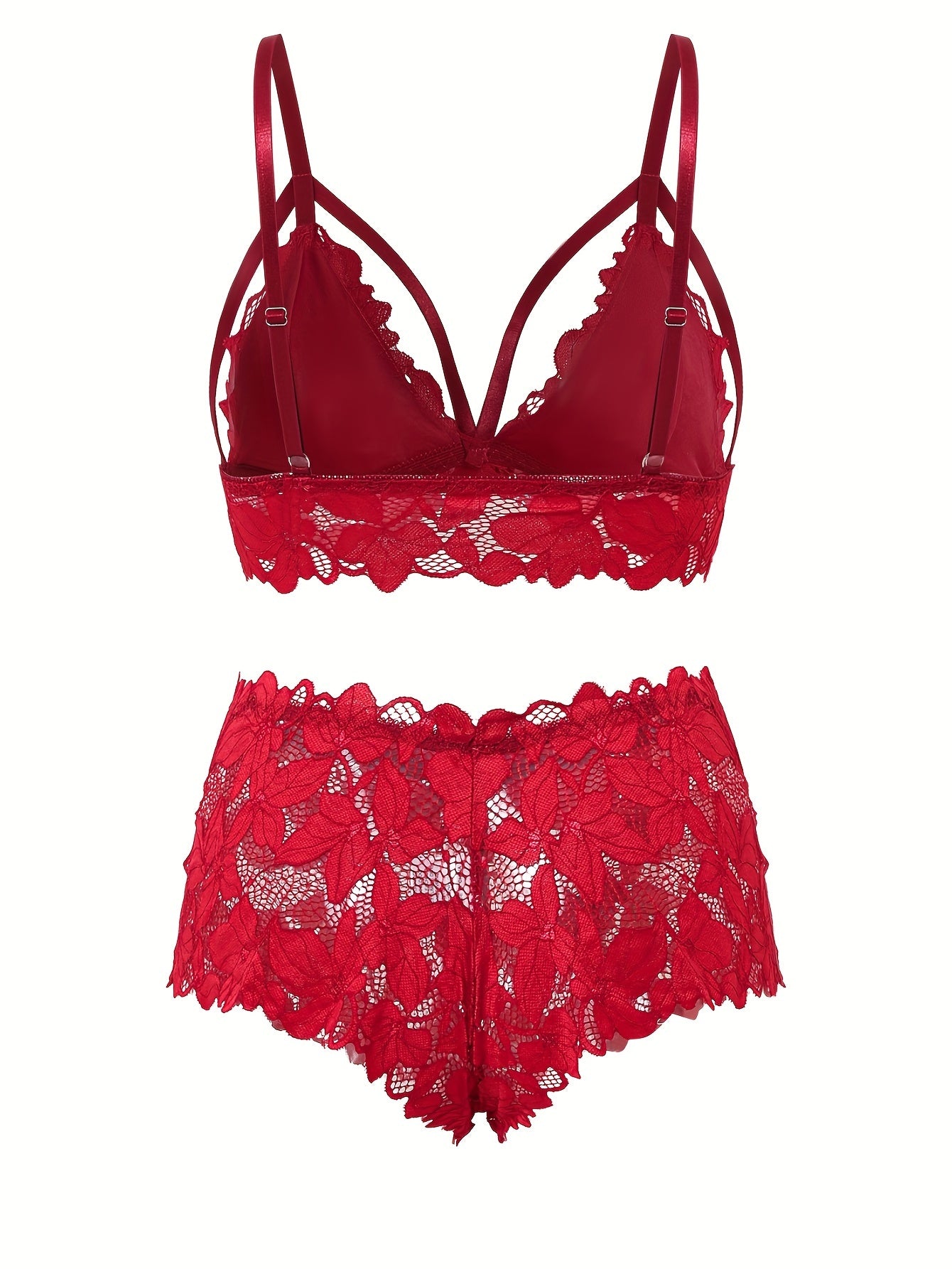 6-piece set of plus size sexy lingerie, featuring floral lace and scalloped trim with bow front. Includes strappy bra and panty.