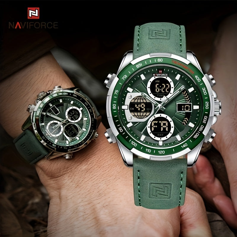 NAVIFORCE Men's Luxury Sports Quartz Watch - Waterproof, Genuine Leather Strap, Dual Display with Date & Chronograph Functions, Stainless Steel Case, Green Accents, Tachymeter Equipped