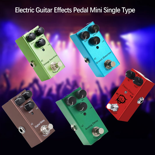 Compact electric guitar pedal with true bypass, 5 effects, USB powered, aluminum alloy, portable for outdoor performances - available in multiple colors.