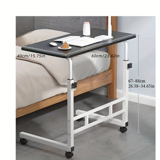 Adjustable height rolling laptop desk for home office use.