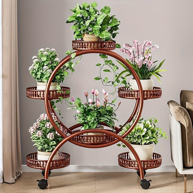 Metal flower stand on wheels for indoor and outdoor plants in living room or balcony.