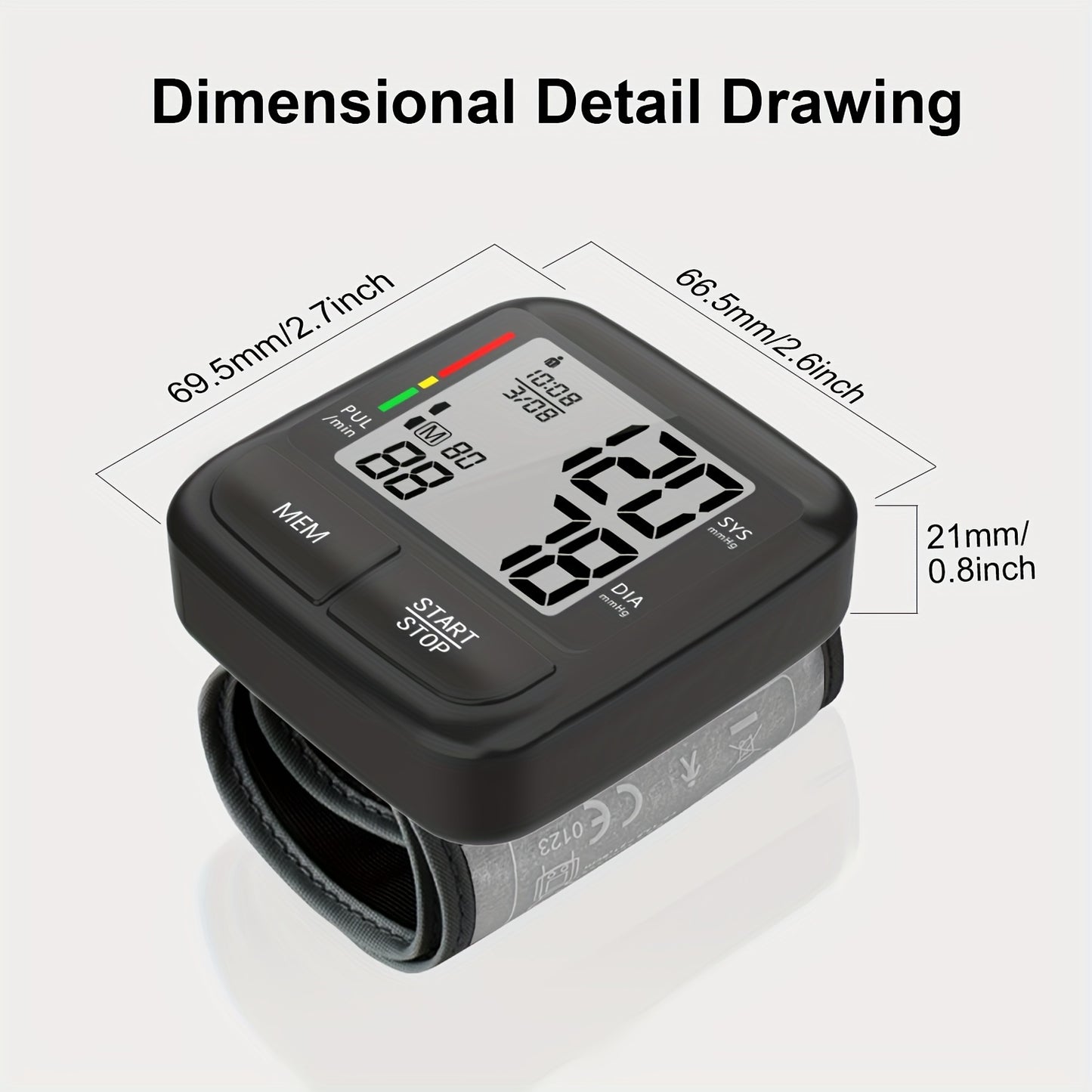 Portable wrist blood pressure monitor with large LCD display, automatic digital device, includes wrist strap and PP box.