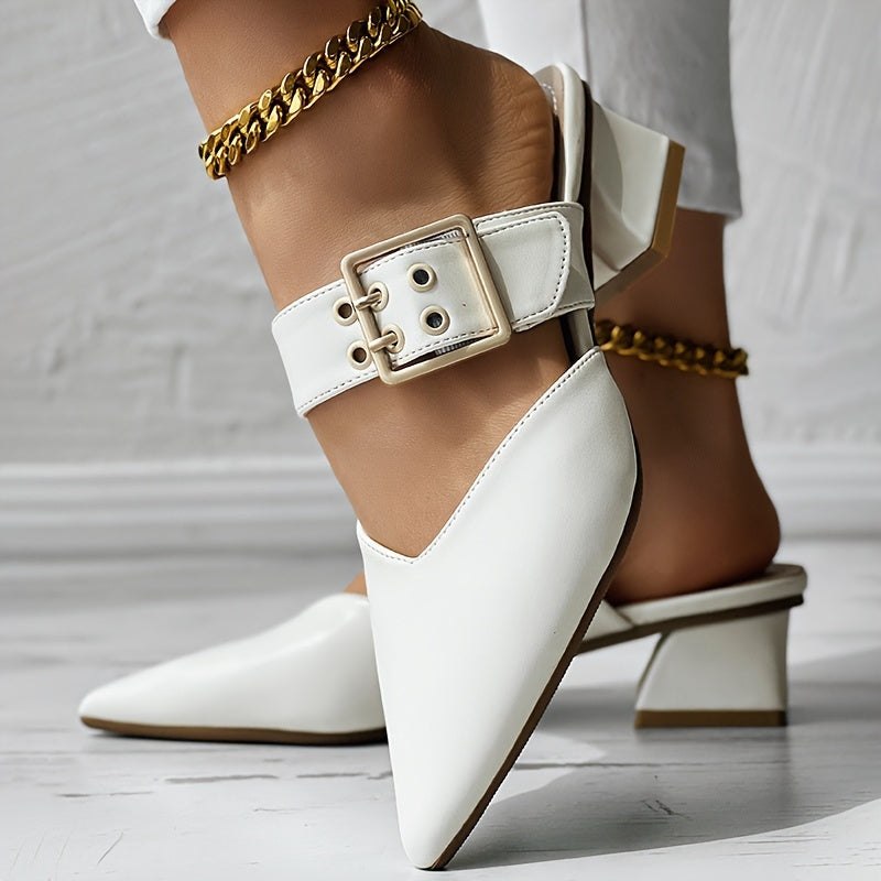 Women's elegant solid color Mary Jane shoes with buckle detail, slip-on design, and block heel.