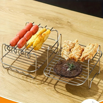 Durable Stainless Steel Air Fryer Rack with Four Skewers - Multi-purpose BBQ Grill Accessory for Indoor and Outdoor Use, Ideal for Cooking in the Kitchen or Dining Area, Essential Barbecue Tools and Accessories