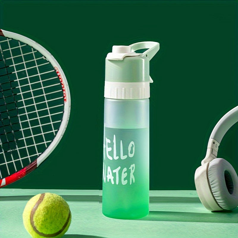 Large capacity gradient sports water bottle with spray function, made of durable PP, essential for summer cooling. Available in blue, green, or pink with "HELLO WATER" motif.