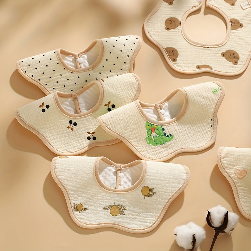 Five-pack of baby bibs made from cotton with a waterproof layer and snap closure. These breathable muslin drool bibs are perfect for newborns and infants aged 0-3 years. Featuring a unisex petal-shaped design.