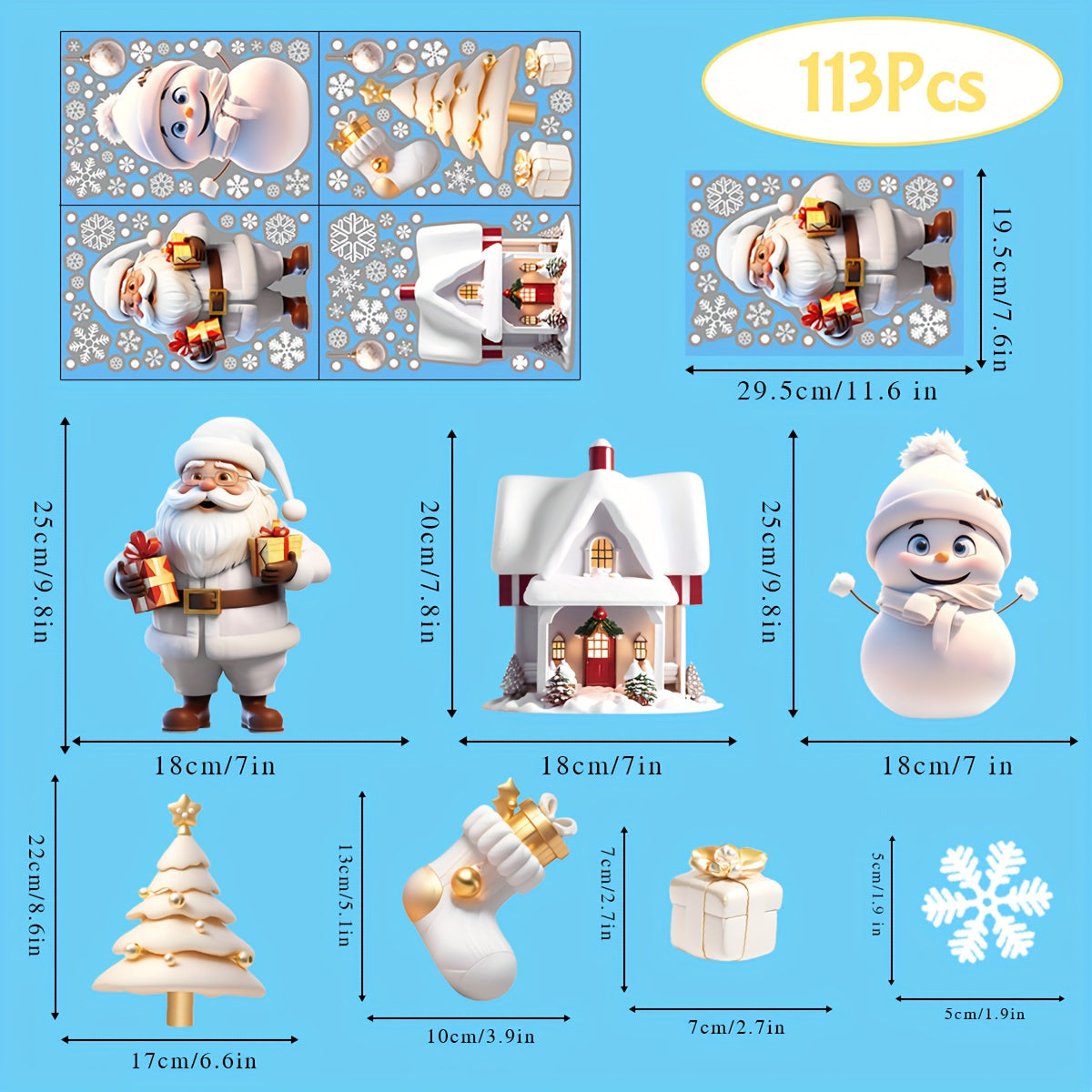 Set of 113 Christmas Window Clings featuring Santa, Snowflakes, and Snowmen - Perfect for Glass Windows - Traditional Holiday Decor for Your Home, Simple PVC Stick-On Design