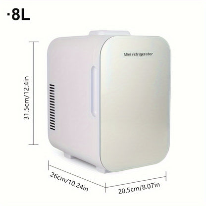 8L dual-use small refrigerator for car and home, with beauty makeup function and glass panel for refrigeration and heat conversion.