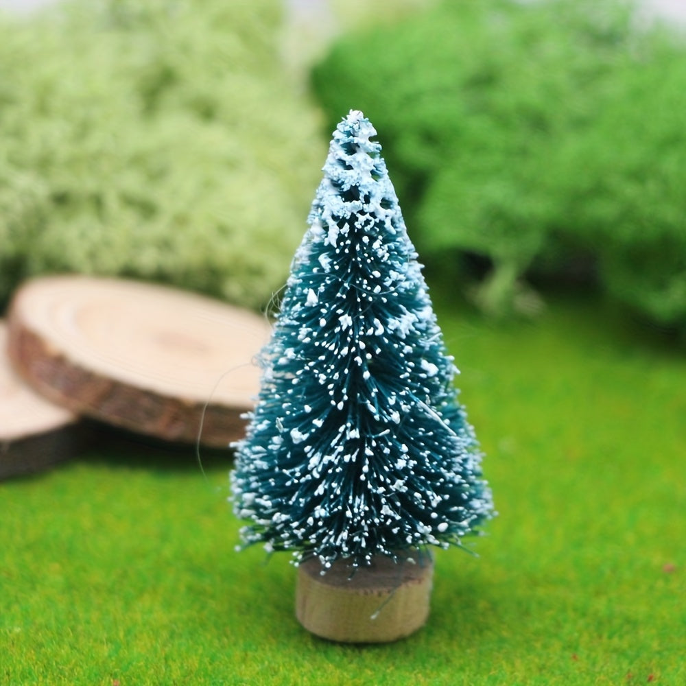 12 Mini Christmas sisal Snow Frost Trees with wooden bottle brush base for festive home decor.