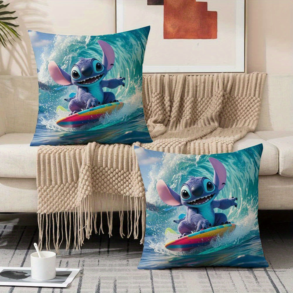 Two Disney Stitch Surfboard Design Throw Pillow Covers in a Set, Stylish Cushion Cases for Sofas and Living Rooms, Durable Outdoor Pillowcases