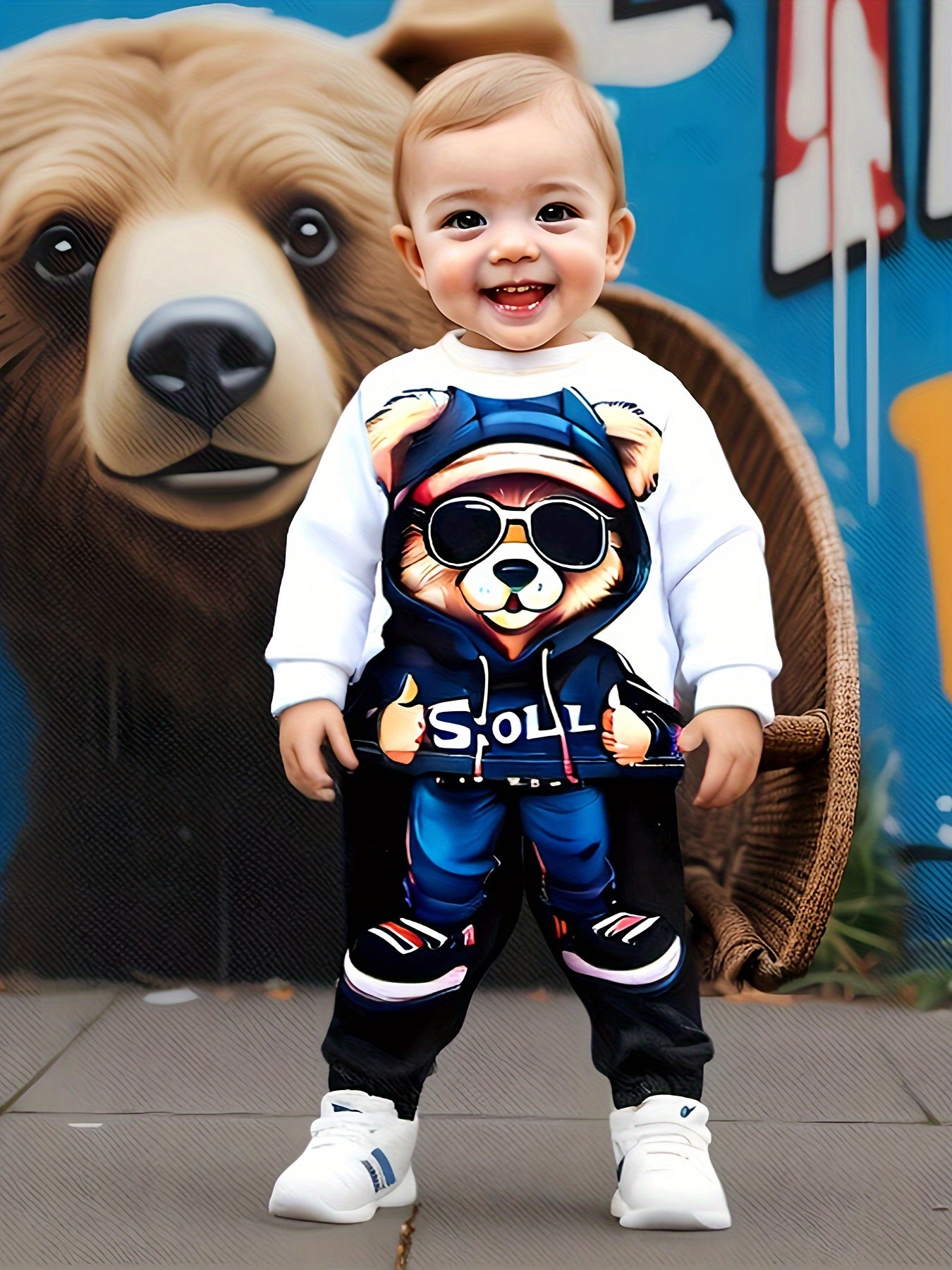 Newborn boy's trendy sweatshirt and pants set with hooded bear print, ideal for fall and winter.