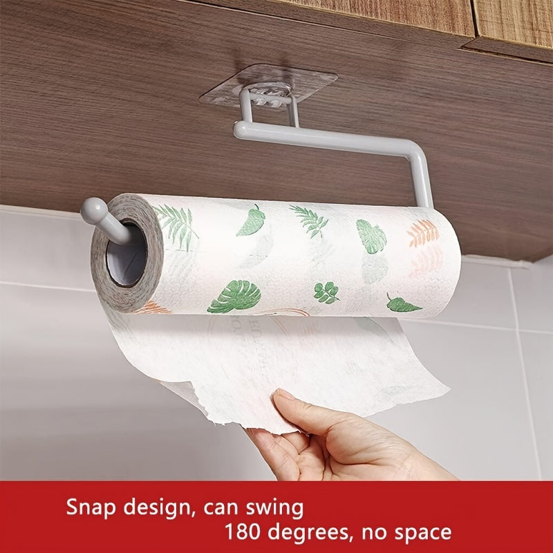 Wall mount kitchen paper towel holder made of plastic - also serves as a dispenser for toilet rolls, storage rack for cling film, and organizer for rags. This space-saving bathroom accessory is versatile and practical.