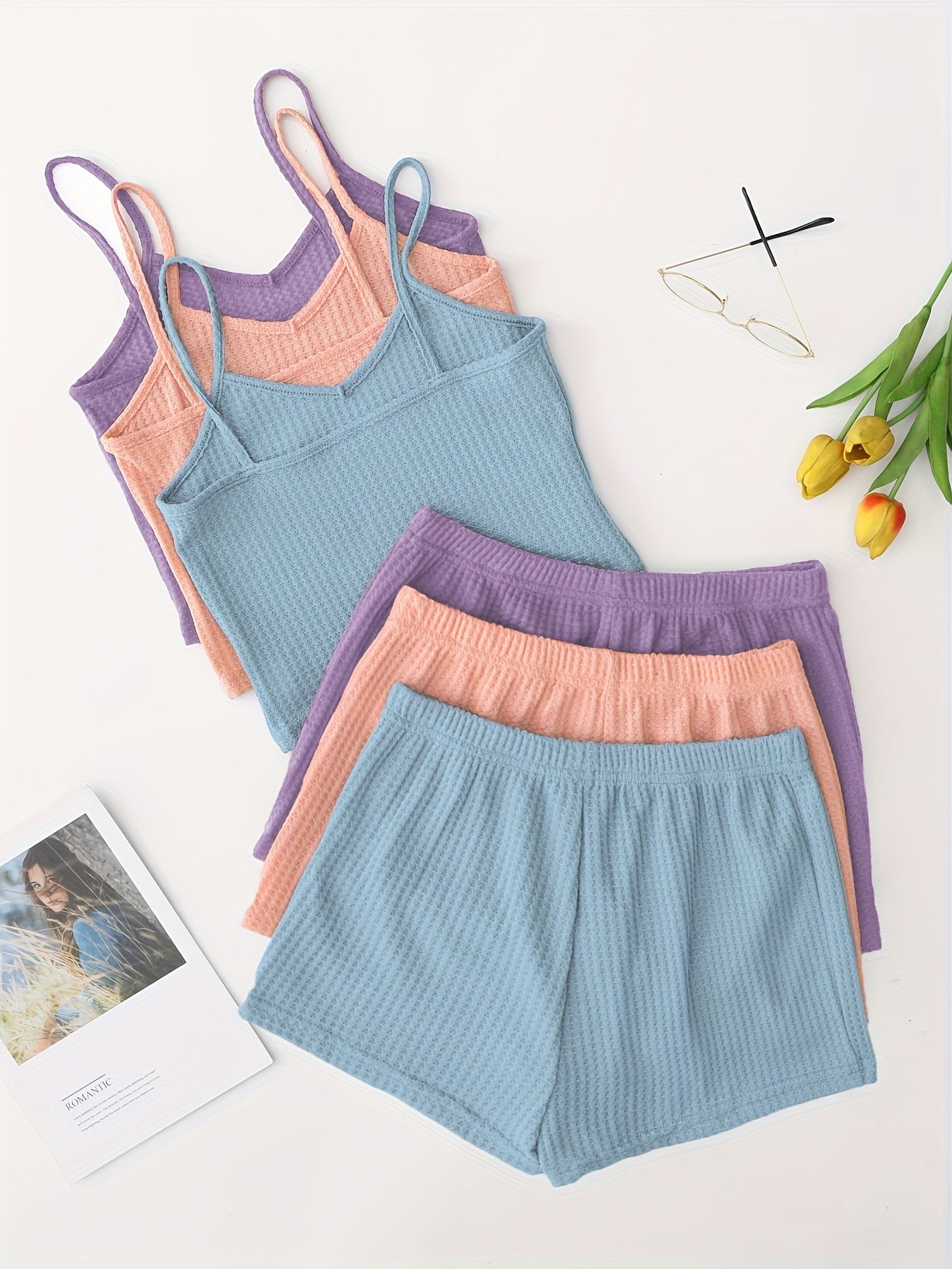 3-piece waffle lounge set for women: cami top, shorts with elastic waistband. Loungewear and sleepwear.