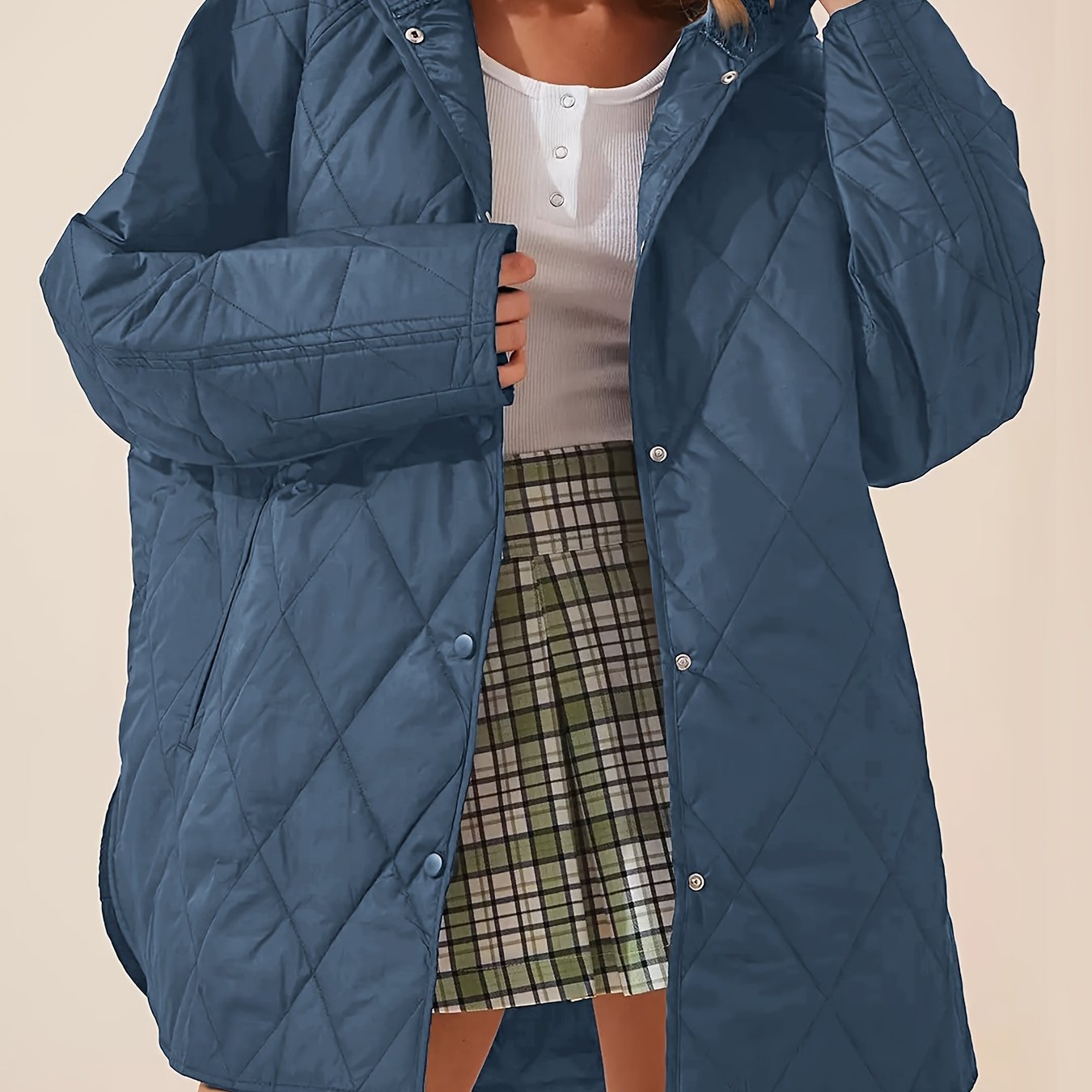 Quilted plain hooded jacket coat for women, perfect for fall & winter. Casual, long sleeve and warm outerwear.