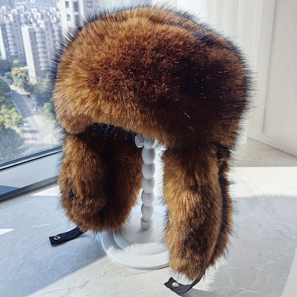 Luxurious Men's faux fur trapper hat with bomber style, fluffy fur trim, Russian ushanka design. Handwash/dry clean, polyester lining for winter comfort.