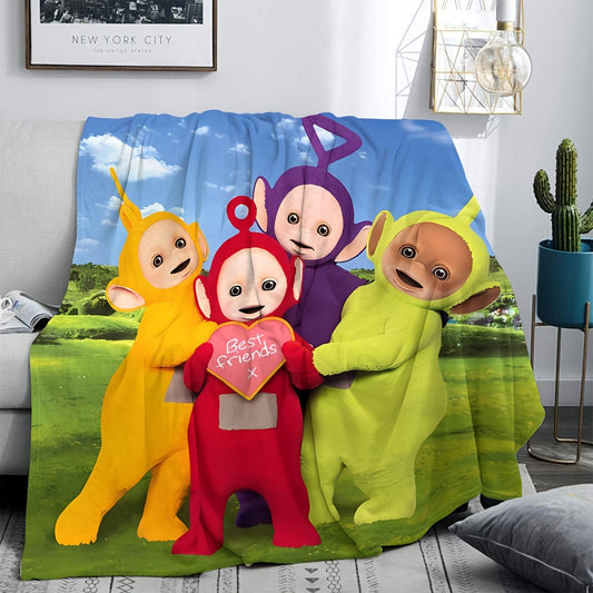 Soft HD digital print throw blanket inspired by Teletubbies, can be used on the sofa, bed, or for office naps. It is cozy, lightweight, and machine washable. Made of hypoallergenic polyester, it is ideal for all seasons and makes a great gift for friends