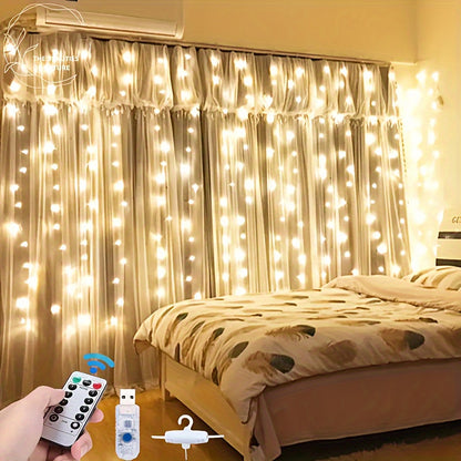 USB powered LED curtain string lights with remote control, 8 lighting modes, and infrared sensor function. Perfect for bedroom wall decoration, ideal for Christmas, parties, and Valentine's Day.